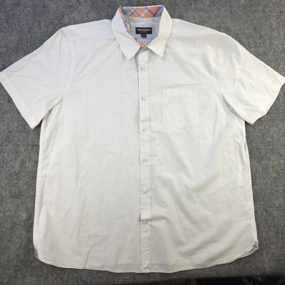 Johnston Murphy Shirt 2XL Short Sleeve Button Up White Gray Vertical Striped‎